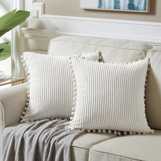 Fancy Homi 2 packs Cream White Boho Decorative Throw Pillow Covers with Pom-poms, Soft Corduroy Solid Square Cushion Cases Set for Living Room Couch Sofa Bedroom Car (20x20 Inch/50x50 cm, Cream White)