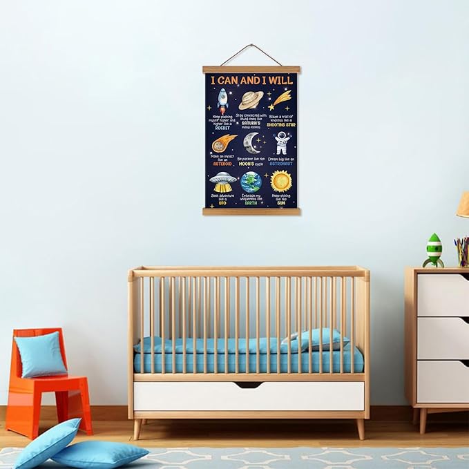 KAIRNE Outer Space Poster,I can I Will Positive Space Themed Decor,Rocket Prints Astronaut Hanging Canvas With Magnetic Hanger,Motivational Wall Art for Boys Room Bedroom Kids Classroom Decor