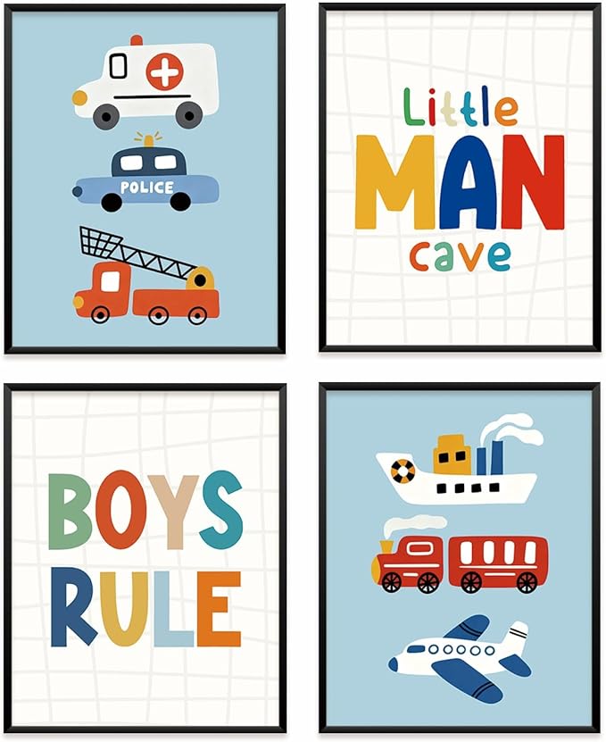 VONTP Boys Room Wall Art Decor, Little Man Cave Boys Rule Vehicle Transports Prints Poster Wall Decorations for Kids Boy Nursery Toddler Room Bedroom Playroom, 8x10 Inch Set of 4 (Unframed)