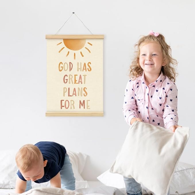 PLKMN Christian Nursery Wall Decor, God Has Great Plans for Me Wall Art with Wooden Poster Hanger, Boho Sun Christian Wall Decor for Nursery Kids Room Sunday School Preschool Classroom, 12x16 Inch