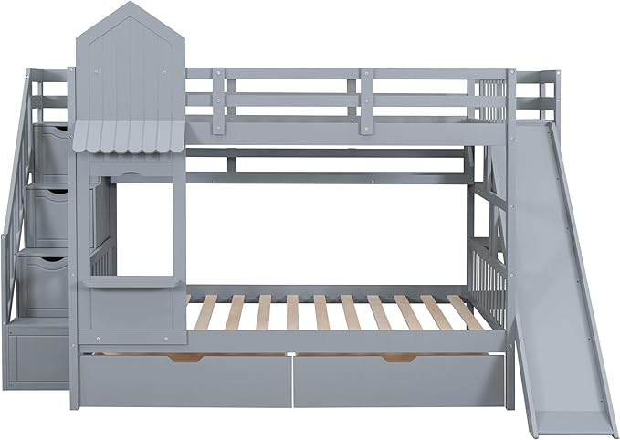 Full-Over-Full Bunk Beds Castle Style Bunk Bed with 2 Drawers 3 Shelves and Slide - Gray