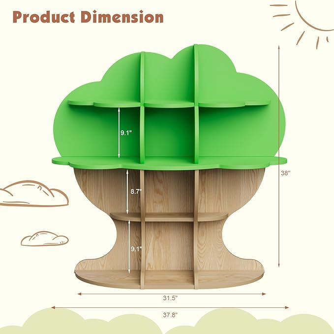 Light Green Tree Kids Bookshelf Toddler Bookcase 4-Tier Baby Book Rack Children Toy Storage Organizer Forest Wood Display Shelf Nursery Playroom Bedroom Classroom School Homeschooling Boy Girl’s Gift