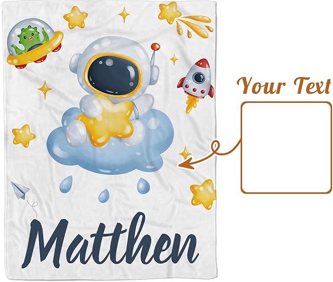 Personalized Baby Blanket with Name, Custom Space Astronaut Theme Blanket for Kids, Soft Flannel Bed Throw Blanket Swaddle for Newborn, Customizable Baby Gift & Nursery Blanket(47" x60)