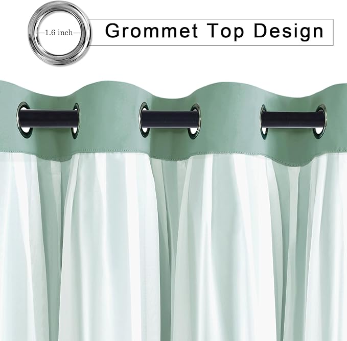 Hiasan Light Sage Green Double Layer Blackout Curtains with Sheer Overlay, Extra Long Mix & Match Thermal Insulated Grommet Window Curtains for Bedroom, Living Room, 2 Panels with Tiebacks, 52W X 108L