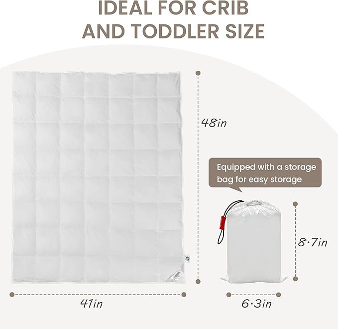 Toddler Goose Down Comforter Lightweight Summer Cooling Baby Duvet Insert, Hypoallergenic 100% Organic Cotton Crib Quilted Washable Nursery Blanket with Corner Tabs, White 41x48 Inches