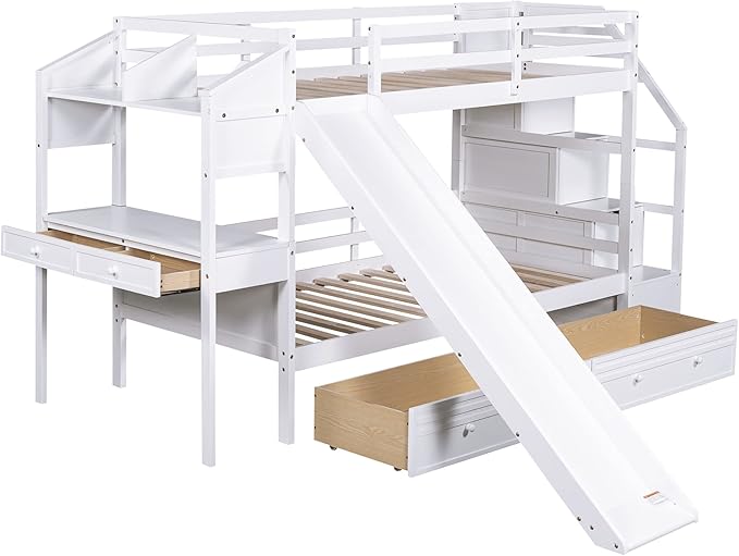 Modern Twin Over Twin Bunk Bed with Storage Staircase and Slide, Wooden Bunk Bed Frame with Desk and Drawers, Multifunctional Bunk Bed for Kids Teens Adult Bedroom