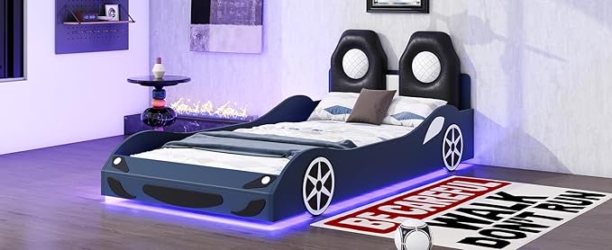 Harper & Bright Designs Wood Twin Size Race Car-Shaped Platform Bed with LED and Upholstered Backrest, Blue