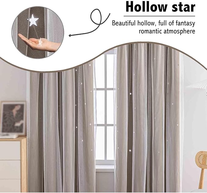 Anytime Romantic Kids Curtain,Hollow-Out Stars Window Curtain Double Layer Blackout Curtains for Girls Bedroom Kids Room 2Panel,(W52 x L95,Coffee)