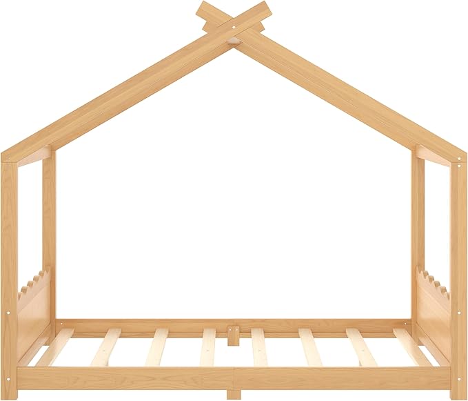 Full Size Wooden House Floor Bed - Kids Bed Frame with Roof & Support Slats for Bedroom, No Box Spring Needed, Easy Assembly (Natural)