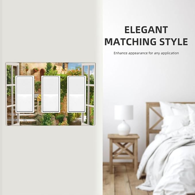 Mediterranean Greece Scene Flowers Light Switch Cover Triple Rocker Decorative 3 Gang Switches Plates and Outlet Covers Italian Town from Another Window Switchplate Wallplate for Kitchen Living Room