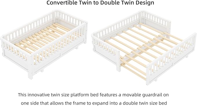KEIKI Solid Wood Expandable Twin Size Floor Bed for Kids with Guardrails, Can Be Converted into a Double Twin Bed Platform, Montessori Low Profile Bedframe Daybed for Girls Boys, No Box Spring Needed