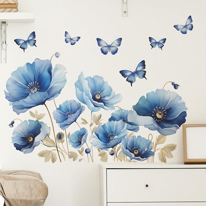 Blue Flower Wall Decals Peel and Sticker DIY Floral Butterly Wall Stcikers Murals for Girls Bedroom, Living Room, Kids Room Wall Decor