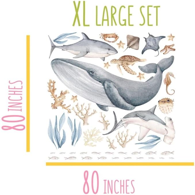 Fish Wall Decals – Octopus Wall Decal & Stickers, Ocean Decal for Nursery Baby Kids Bedroom Bathroom, X-Large Set (80″ W –80″ H) 40 Pcs