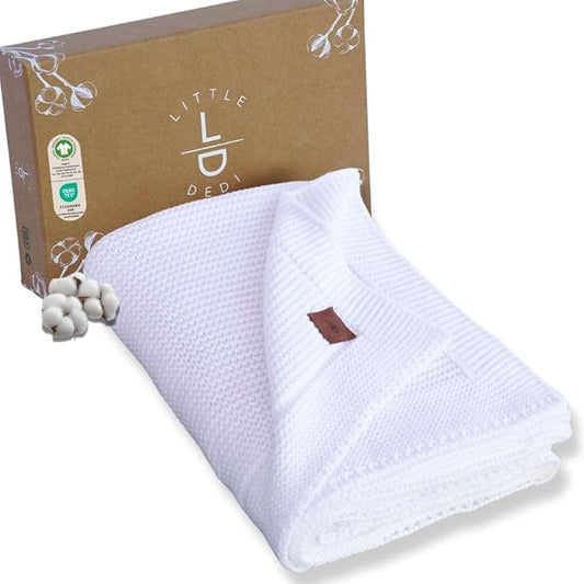 100% Organic Cotton Baby Knitted Blanket with Gift Box - Soft Toddler, Crib, Stroller Blanket - Neutral Swaddle and Receiving Blanket for Newborns, 30"x40", White
