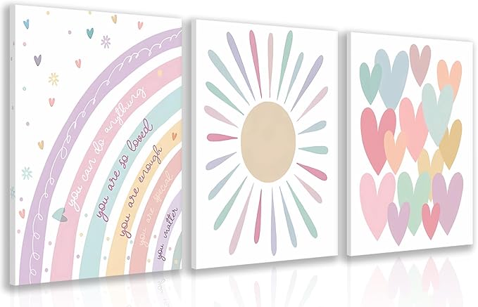 LLEEMPI Framed Pink Heart Sun Rainbow Wall Art Set of 3, Baby Room Wall Decor, Boho Rainbow Nursery Canvas Painting, Classic Minimalist Poster Prints for Bedroom Bathroom Classroom 12x16 Inch