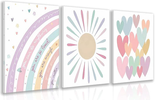 LLEEMPI Framed Pink Heart Sun Rainbow Wall Art Set of 3, Baby Room Wall Decor, Boho Rainbow Nursery Canvas Painting, Classic Minimalist Poster Prints for Bedroom Bathroom Classroom 12x16 Inch