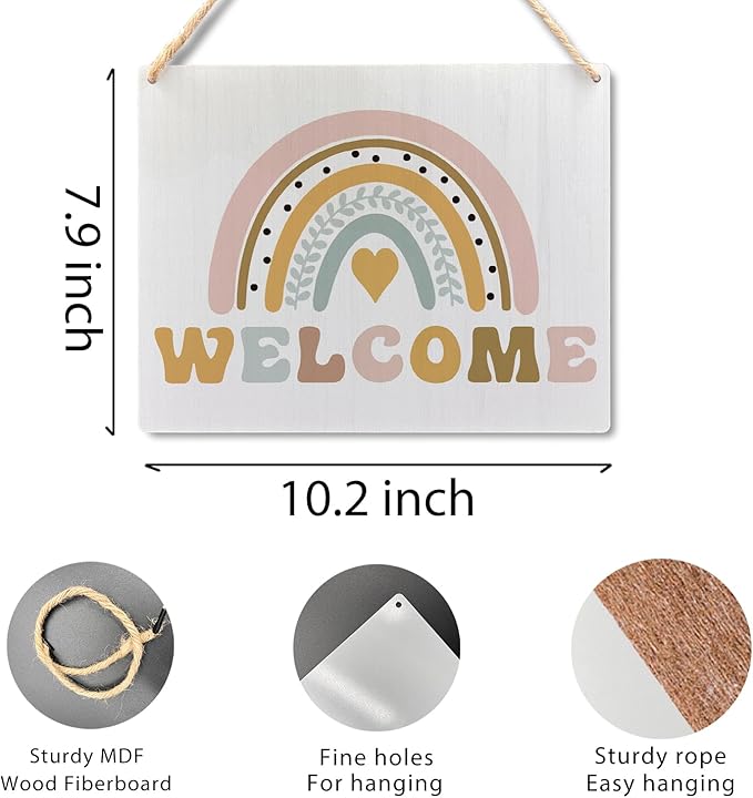 Ryeolo Boho Rainbow Welcome Wooden Plaque Sign for Classroom Wall Hanging, Door Decor, 10.2x7.8 Inches, 12X6