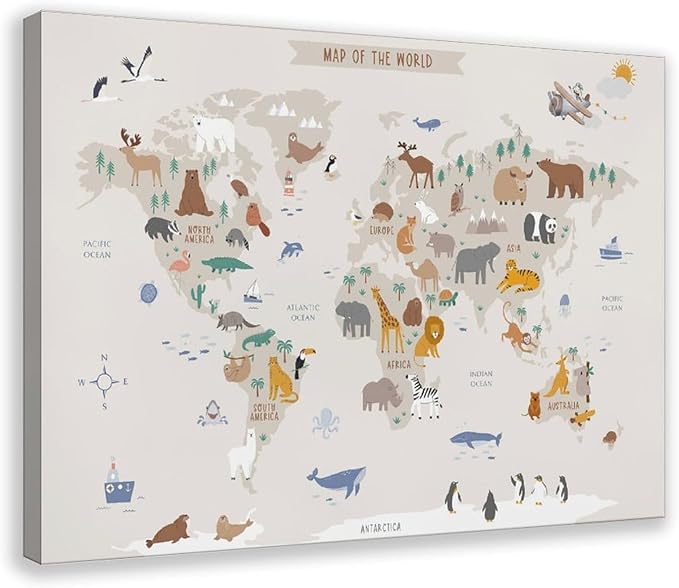 KIPNG Kids World Map - Playroom Animal World Map - Nursery Educational Poster Canvas Poster Wall Art Picture Paintings for Living Room Bedroom Decoration Frame-style16x24inch(40x60cm)