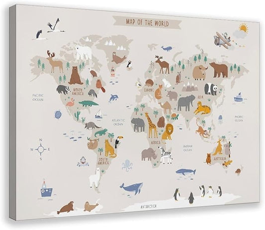 KIPNG Kids World Map - Playroom Animal World Map - Nursery Educational Poster Canvas Poster Wall Art Picture Paintings for Living Room Bedroom Decoration Frame-style24x36inch(60x90cm)