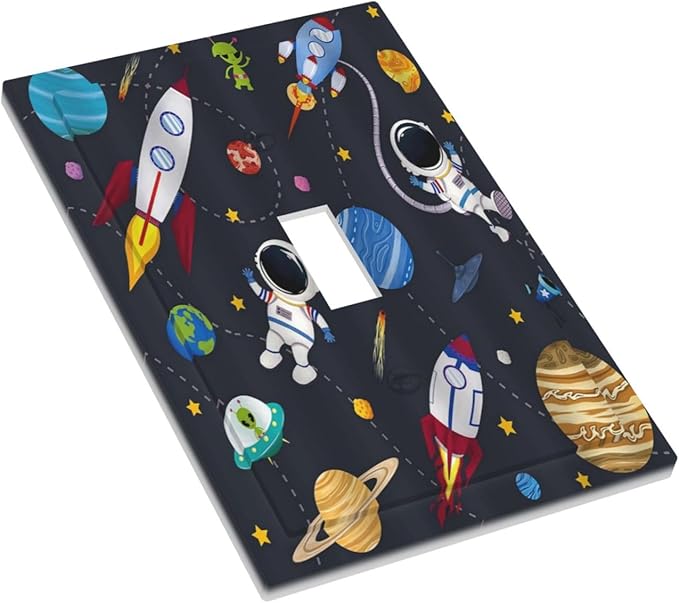 Rocket Planets Astronaut Blue Decorative 1 Gang Single Toggle Light Switch Covers Decorative Wall Plate Switchplate Electrical Faceplate for Nursery Kidsroom Bedroom Decor