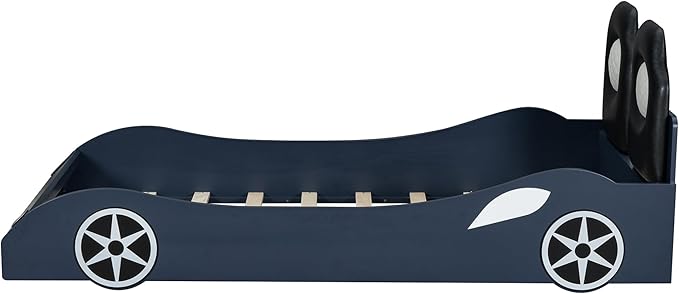 Bellemave Wood Twin Size Race Car-Shaped Platform Bed with LED and Upholstered Backrest, Kid's Platform Bed Frame with Race Car-Shaped and Safety Guardrails for Kids, Boys, Girls.(Blue)