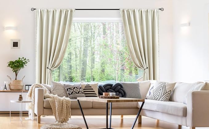 Treatmentex Full Blackout Curtains for Bedroom Natural Ivory Pom-Pom Thermal Insulated Window Drapes 63inch Length Curtain Panels for Kids Guest Room Hotel 52" Wx 2pcs Beige Rod Pocket