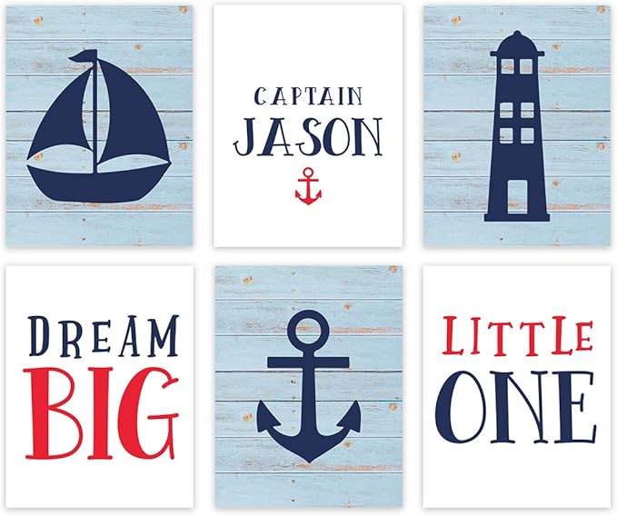 Andaz Press Personalized Ocean Nautical Sailor Theme Nursery Kids Bedroom Hanging Wall Art Decor, 8.5x11-inch, Rustic Blue Wood, Boat, Anchor, 6-Pack, Custom Name Unframed Room Poster
