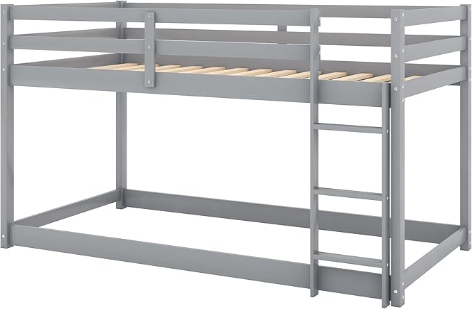 Merax Solid Wood Low Bunk Bed Frame for Kids/Toddlers/Junior, with Built-in Ladder, High Guardrail and Slats, Floor Bed Bottom Bunk, No Box Spring Needed, for Small Spaces, Twin-Over-Twin, Gray