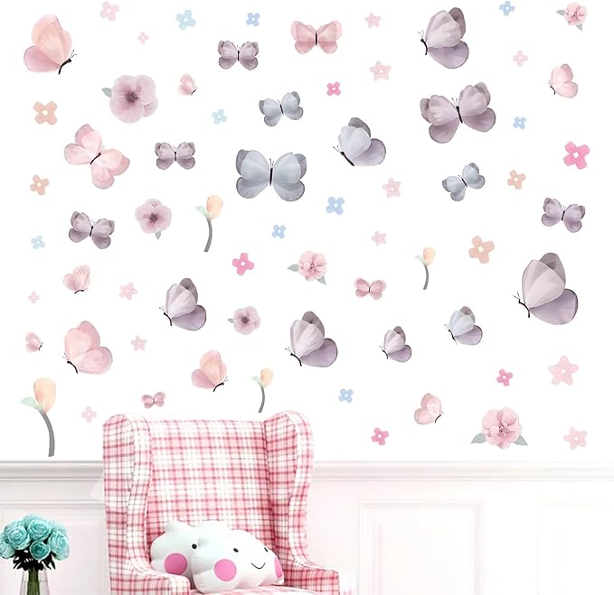 Watercolor Butterfly Wall Decals and Flower Wall Decor - 70 PCS Removable Peel and Stick Wall Stickers for Girls Room, Nursery, Kids Bedroom, Home Art Decals