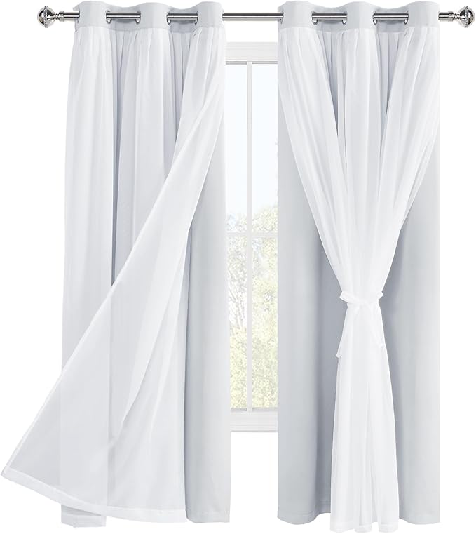 Hiasan Greyish White Blackout Curtains with Sheer Overlay, Grommet Thermal Insulated Mix & Match Double Layer Window Curtains for Girls Bedroom, Living Room, 2 Panels Sewn with Tiebacks, 42W X 63L