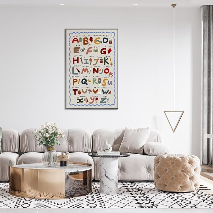 Cute First Illustration Alphabet Learning Canvas Print Posters Funny Nursery Wall Art Boho Kids Educational Abc Chart Colorful Decor Picture for Toddlers Classroom 20x30inch Metal Black Frame