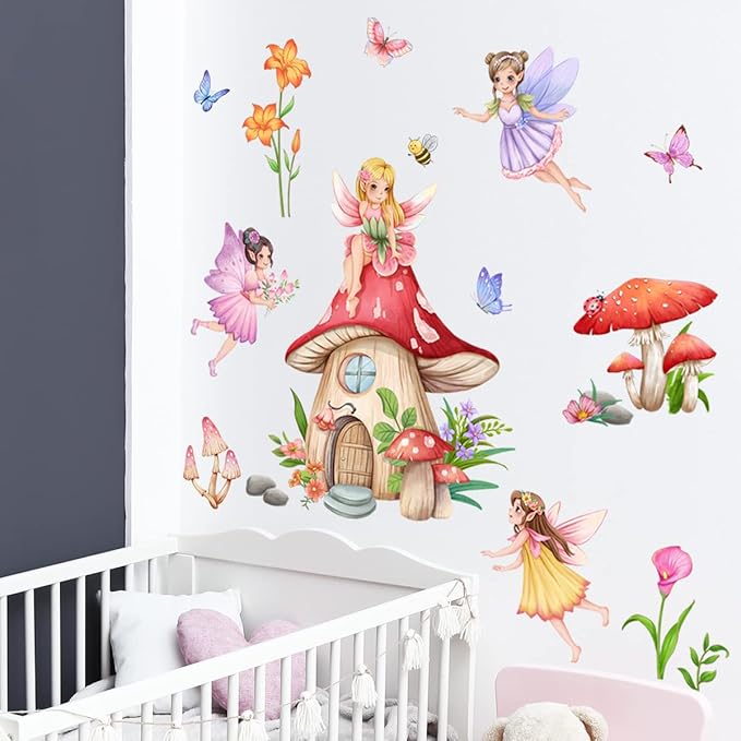 Fairy Girls Wall Decals Mushroom with Flowers Butterfly Wall Stickers for Baby Nursery Girls Bedroom Wall Decor