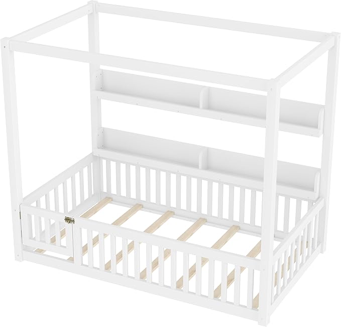 Bellemave Twin Canopy Bed with Rails and Slats,Wooden Floor Bed with Bookcase and 4 Poster Design,Montessori Floor Bed Frame,No Spring Box Needed（Twin,White）