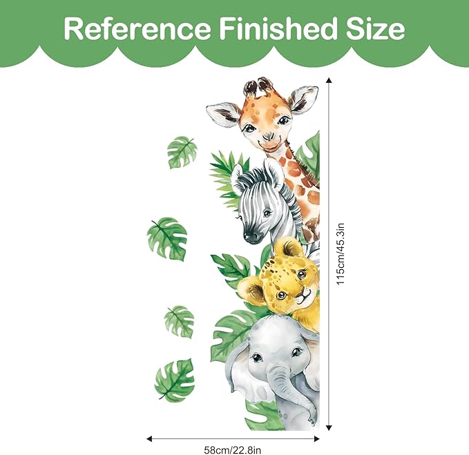Tanlaby Jungle Animal Wall Stickers Cartoon Animal Wall Decals Giraffe Zebra Elephant Green Leaves Wall Art for Kids Baby Nursery Bedroom Playroom Decor，Right