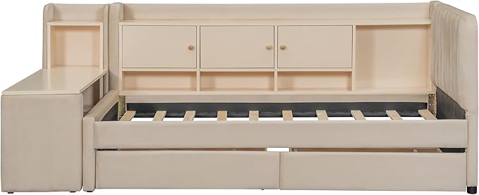 Twin Size Daybed with Desk, Storage Drawers and L-Shaped Bookshelf Headboard, Velvet Upholstered Soft Corner Bed with Flip Cabinets and Shelves for Kids Boys Girls, Beige