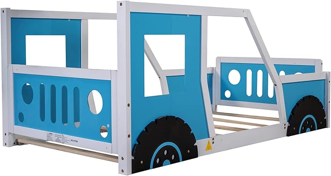 Bellemave Twin Car Bed Frame, Classic Car-Shaped Toddlers Bed with Wheels, Wooden Montessori Floor Bed for Kids (Blue & Black)