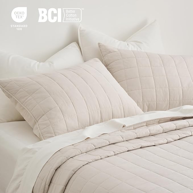 EVERGRACEHOME 100% Cotton Box Stitch Quilt Bedding Set King Size 3 Pieces, Garment-Washed Lightweight Soft Cozy Coverlet, Oversized Quilted Bedspread Sets with 2 Shams for All Season, Birch