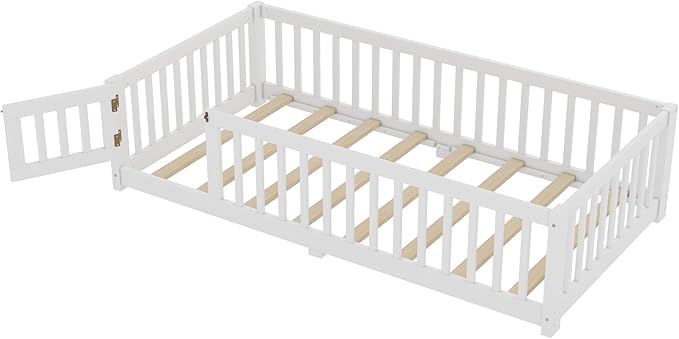 Harper & Bright Designs Twin Floor Bed Frame with Safety High Fence, Wood Montessori Bed with Door, Twin Size Floor Beds with Solid Wood Support Slats for Boys, Girls, Kids, White