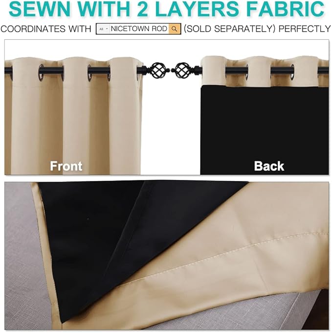 NICETOWN Thermal Insulated 100% Blackout Curtains, Sound Reducing Drapes with Black Backing, Full Light Blocking Panels for Patio Sliding Door (Biscotti Beige, 1 Pair, 52 inches x 108 inches)