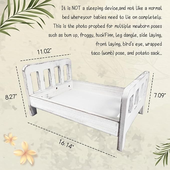 Newborn Photography Props Bed Old-Fashioned Craftsmanship Newborn Photo Props Retro Old Style Baby Photo Props Wooden Bed Infant Photoshoot Props Studio Baby Doll Bed Wooden Play Bed for Dolls, White