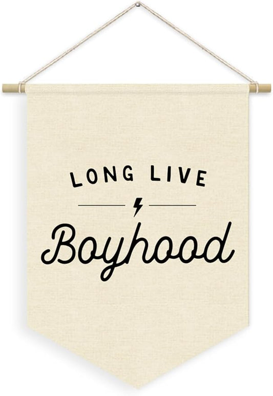 Boys Room Decor, Long Live Boyhood Linen Canvas Banner, Minimalist Boy Nursery Wall Hanging Pennant Flag Banner for Boys Kids Toddler Room Bedroom Playroom Decor, 15x11in