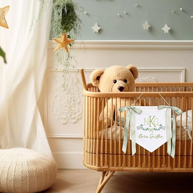 Embroidered Baby Name Sign with Bows Personalized Baby Announcement Sign Newborn Baby Banner Baby Hospital Name Sign Canvas Hanging Pennant Flag Custom Infant Baby Name Baby Shower Banner (05)