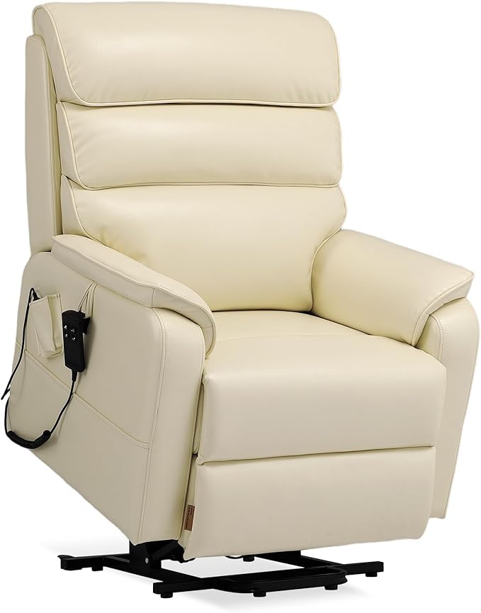 DYNOX 400 lbs Big & Tall Power Lift Recliner Chair for Elderly, Oversized Wide Dual Motor Lay Flat Infinite Positions Recliner with Heat and Massage(9298W,Faux Leather,Cream White)