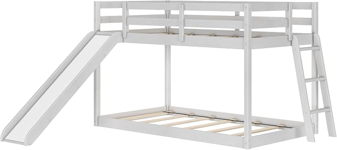 Grain & Grove Bear Twin Over Twin Bunk Bed with Slide, Low Bunk Bed Frame for Kids, Bunk with Ladder, Guardrail, and Slats, No Box Spring Required, Brushed White