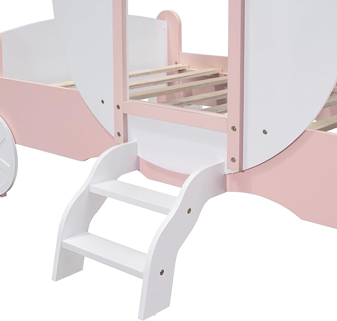 Cute Twin Size Princess Carriage Bed with Crown and Stair,Solid Wood Platform Car Bed Frame with 2 Doors,Headboard and Footboard,Safety Wood Slats for Kids Boys Girls (White+Pink-s18)