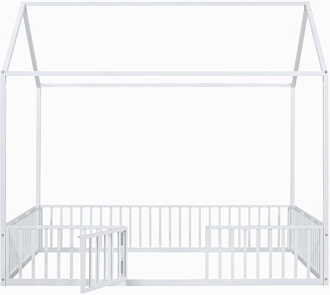 Bellemave Full Size House Bed for Kids, Montessori Floor Bed with Door, Metal House Bed with Door, Floor Bed for Kids, Montessori Floor Bed with Fence, White