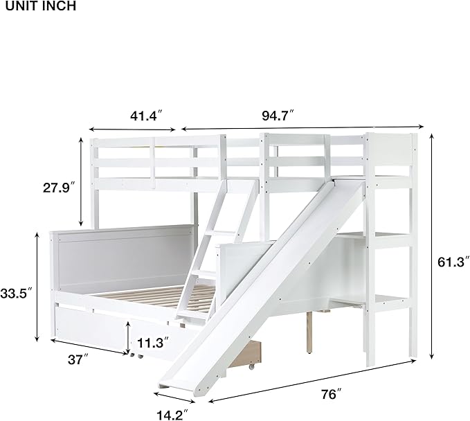 Twin Over Full Bunk Bed with 2 Drawers and Slide, Wood Bunk Bed Frame with Shelves and Ladder, Space Saving Design Bunk Bed for Kids Teens Boys Girls (White-x32c)
