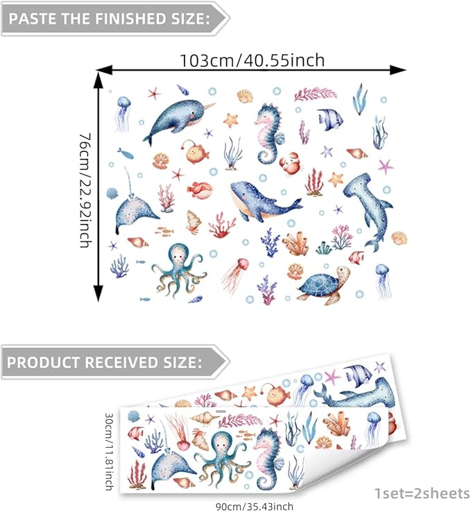 Ocean Sea Animals Wall Decal Stickers, Turtle, Whales, Octopus, Seahorse Under The Sea Peel and Stick Wall Decals for Nursery Kids