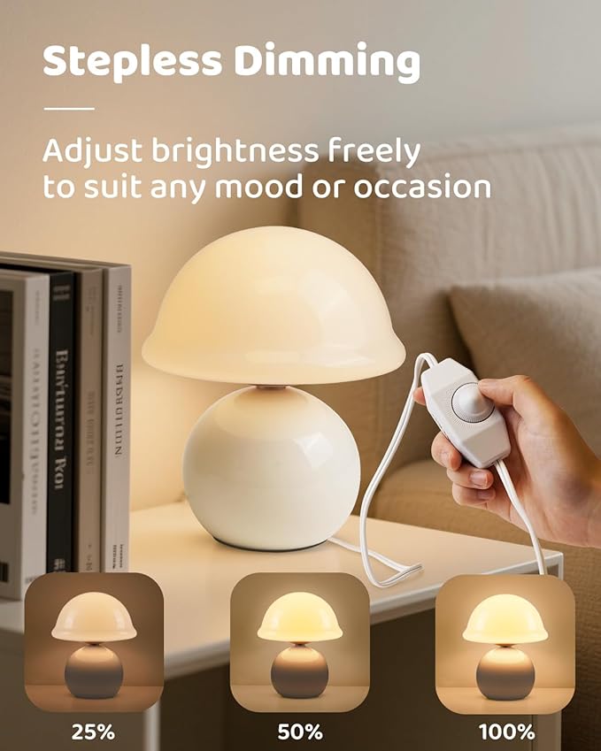Mushroom Lamp for Bedroom, Cute Small Bedside Table Lamp with Glass Lampshade, Dimmable Nightstand Lamp Mid Century Modern Lamp for Home Living Room Decor (White)