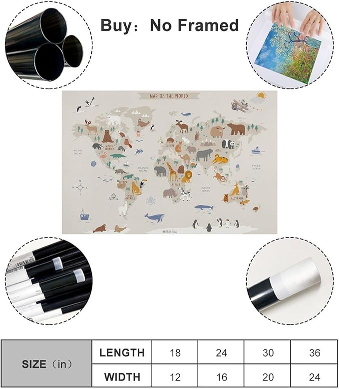 KIPNG Kids World Map - Playroom Animal World Map - Nursery Educational Poster Canvas Poster Wall Art Picture Paintings for Living Room Bedroom Decoration Unframe-style08x12inch(20x30cm)